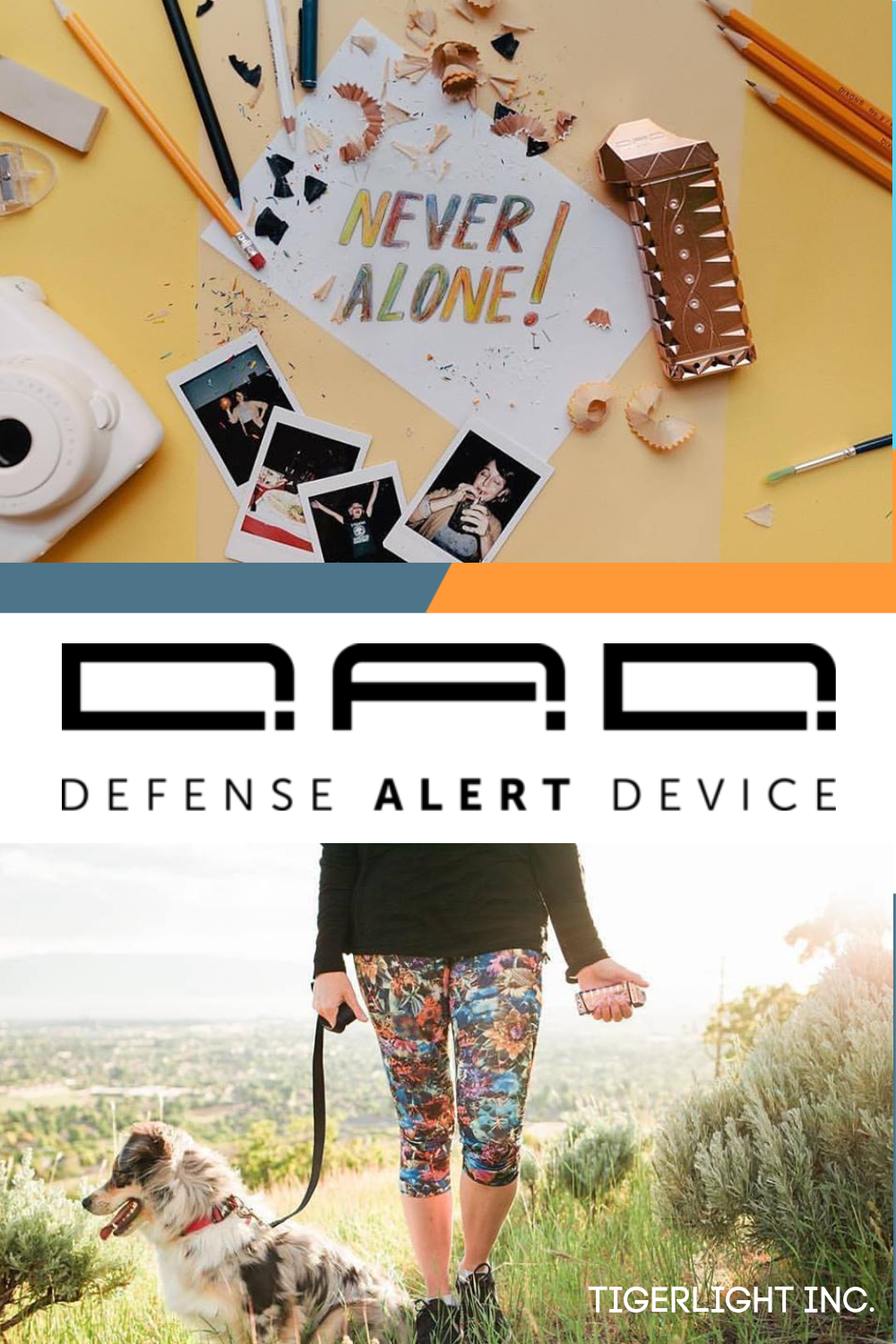 The D.A.D.® (Defense Alert Device) is the first non-lethal personal safety device with smart technology. Each device is equipped with Bluetooth to send an emergency alert via your cell phone. #Tigerlight #BeBold #NeverAlone