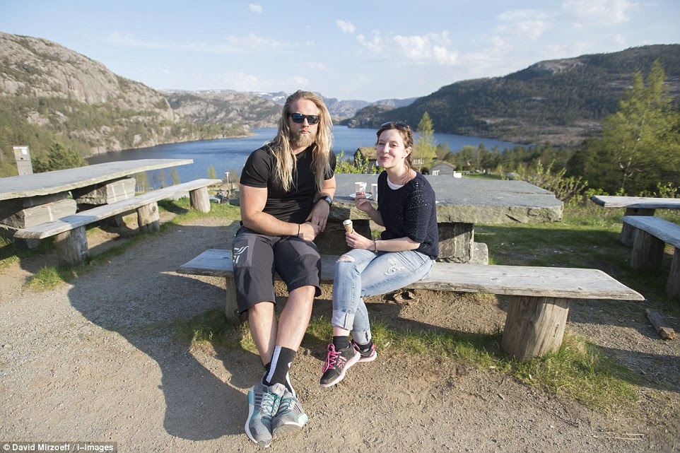 Romantic spot: The couple ended the date with ice cream and coffee... and after hours in the hills Lasse stripped off in the heat