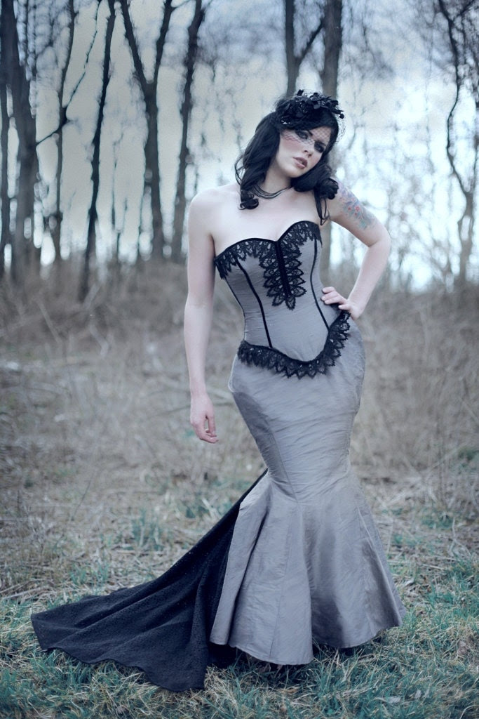 Steampunk Wedding Gown Mermaid Silhouette A Dark Dance-Custom Size Color - KMKDesignsllc