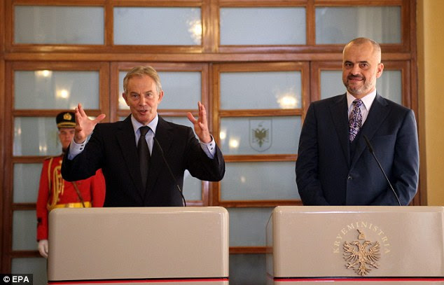 Tony Blair (left) and Albanian Prime Minister Edi Rama answer questions after announcing that the former British Prime Minister will assist as an adviser in Albania's efforts to join the 28-nation European Union