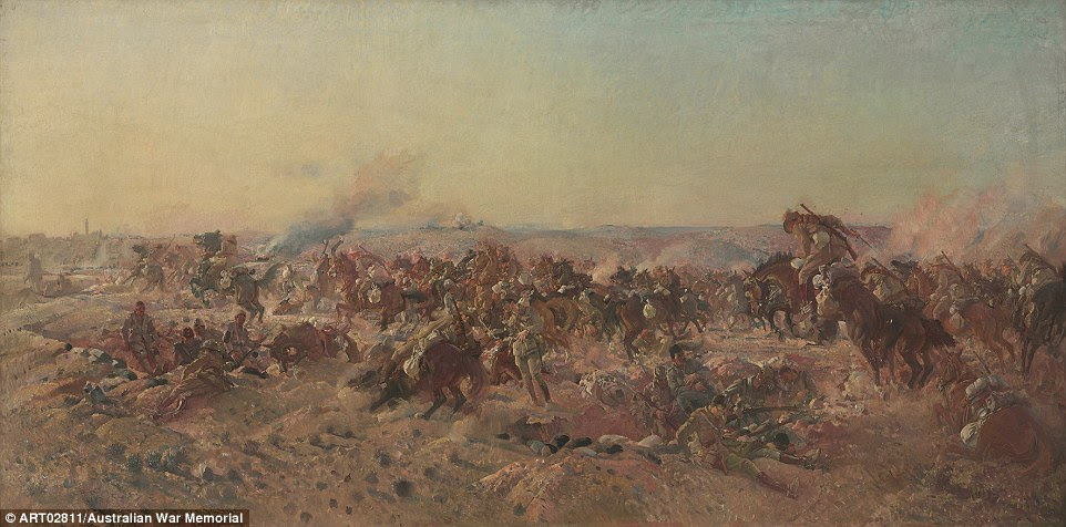 George Lambert, The charge of the Australian Light Horse at Beersheba, Depiction of the famous action of the 4th and 12th Light Horse Regiments when they captured the town on 31 October 1917