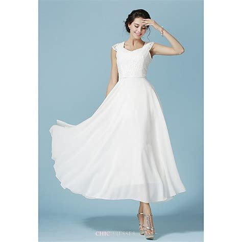 Ankle length Chiffon / Lace Bridesmaid Dress White A Ankle length Chiffon / Lace Bridesmaid Dress White A