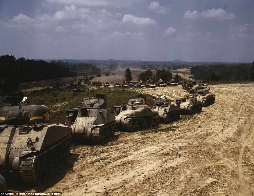 Parade of M-4 (General Sherman) and M-3 (General Grant) tanks in training maneuvers, Ft. Knox, Kentucky, in June, 1942
