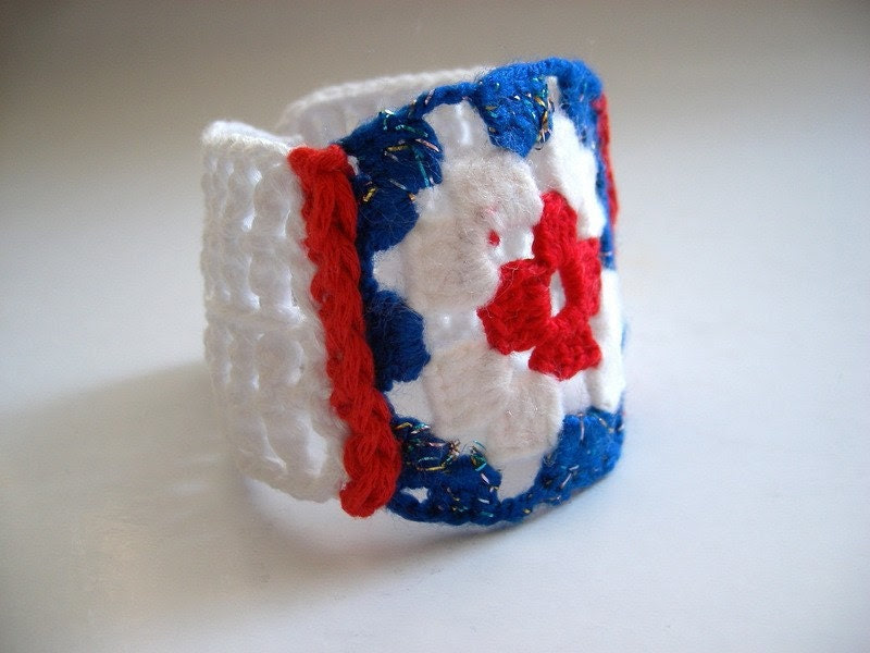 Nautical Crochet Cuff, Wrist band-  AOD, Blue red white - bysweetmom