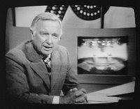 Walter Cronkite (b. 1916) on television during 1st presidential debate between Gerald Ford and Jimmy Carter, Philadelphia, Pennsylvania, on 23 September 1976