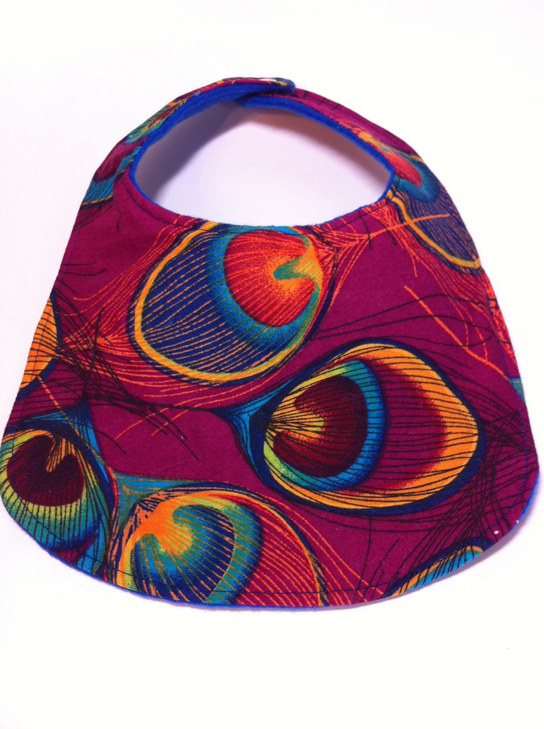 Baby Bib - Peacock Feathers, Deep Burgundy with Navy Blue Fleece Back - Pearl Snap Closure
