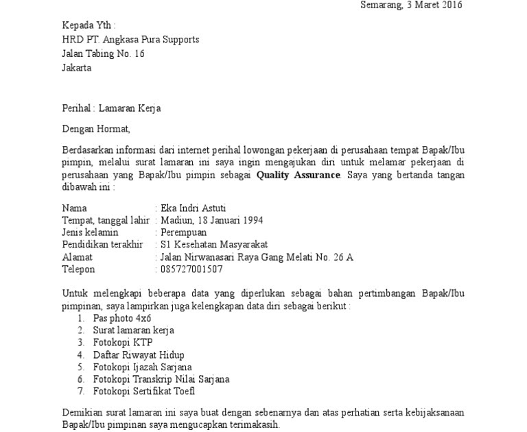 Contoh Surat Lamaran Kerja Di Pt Gapura Angkasa
