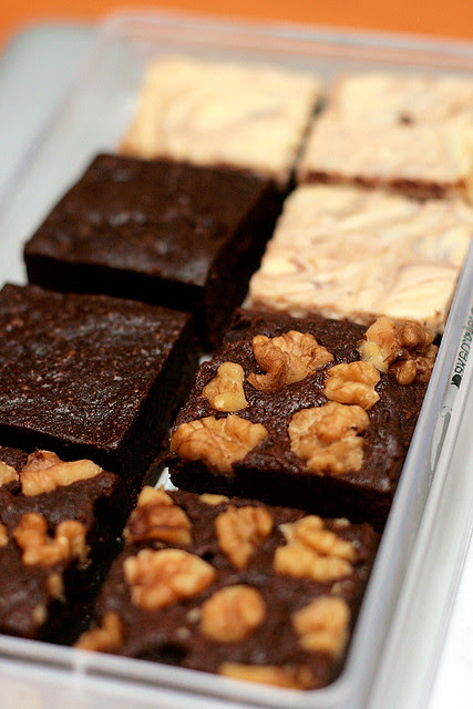 Brownies (front to back): Chocolate walnut, dark chocolate cranberry, and swirled cheese