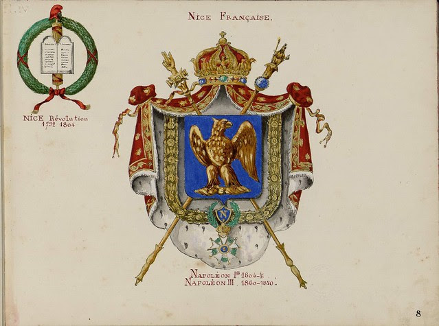high status french armorial; sceptres cross over crowned shield draped by mantle