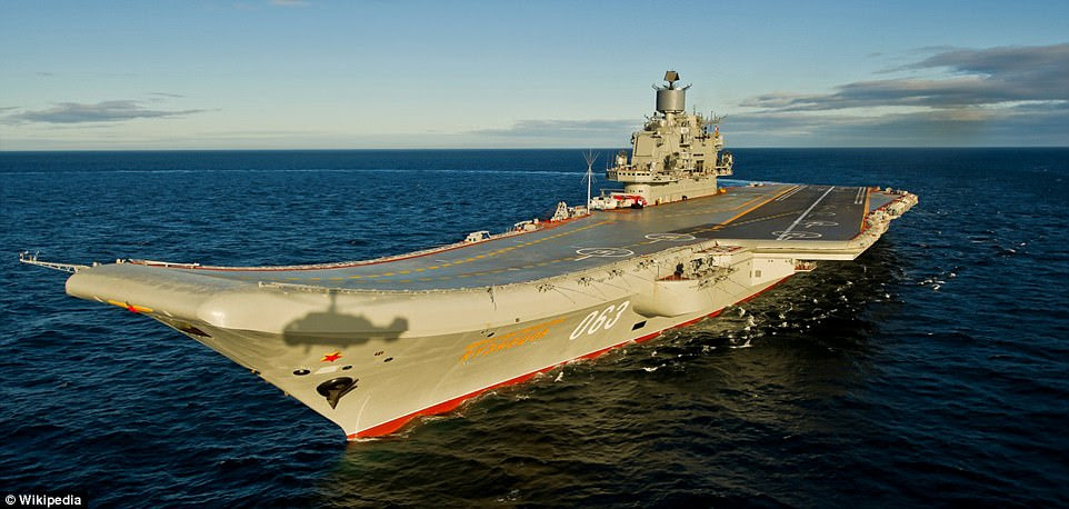 Today's incident comes after the  Admiral Kuznetsov, pictured, was spotted earlier this year sailing past the white cliffs of Dover as it sailed home to Russia