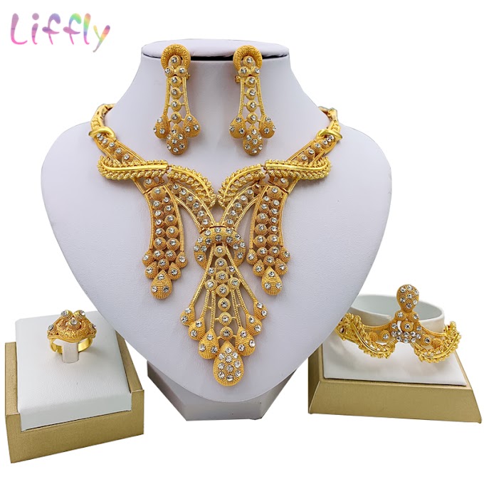 LIFFLY Dubai Jewelry Sets Big Necklace Classic Water Drop Shape Bracelet Earrings Ring  Wedding Jewelry Sets for Bride