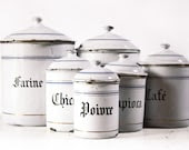 VERY LARGE French set of six WHITE and blue enamel canisters with beautiful blue and gold stripes - RueDesLouves