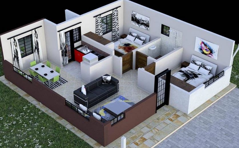 Bungalow Low Cost 2 Bedroom House Floor Plan Design 3D : Bungalow Style