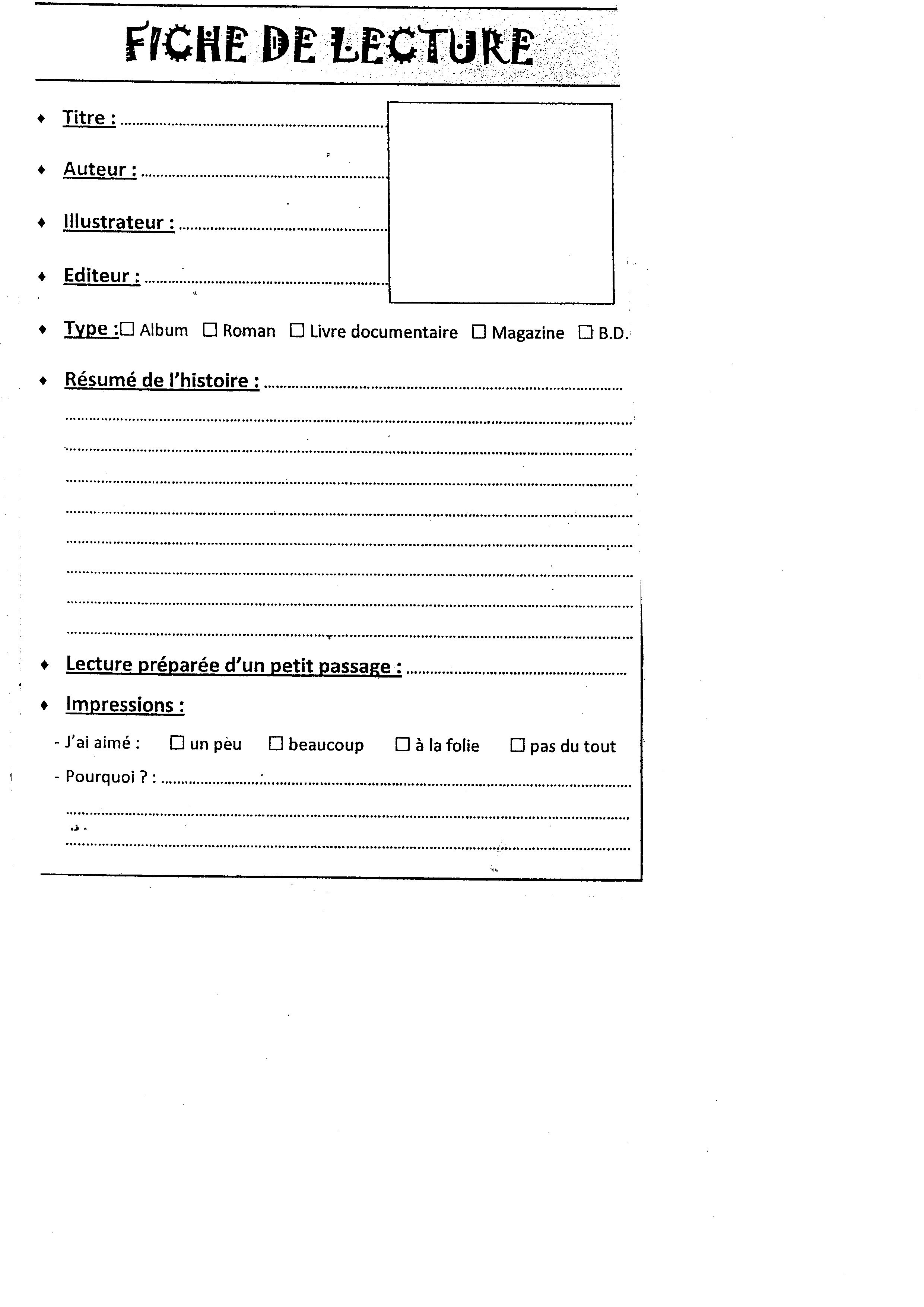 Exemple De Fiche De Lecture Cm1  Le Meilleur Exemple