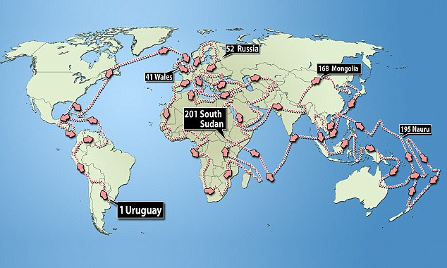 His route: Graham Hughes traversed the borders of all 193 members of the United Nations plus Taiwan, Vatican City, Palestine, Kosovo, Western Sahara and the four home nations of The United Kingdom - all without flying