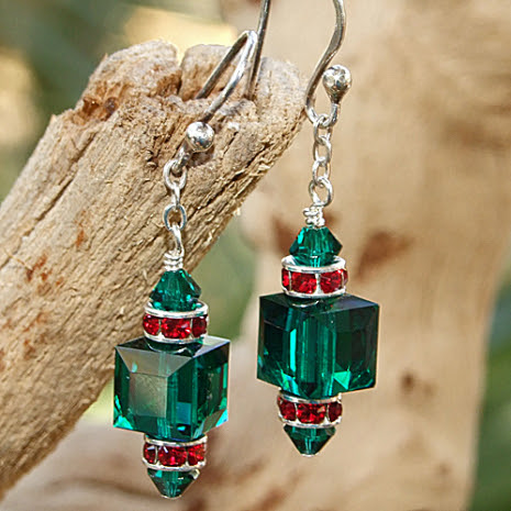 Green and red Swarovski crystal handmade Christmas earrings.