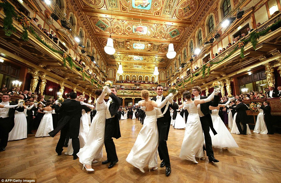 Dancers perform at the opening ceremony of the Ball of the Vienna Philharmonic Orchestra in Vienna on Thursday evening