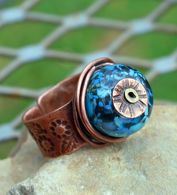 Copper Ring with Wire Wrapped Flame Glass Bead Melinda Orr Orrtec