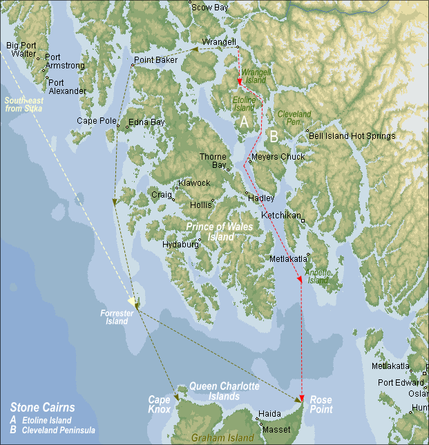 Map 5a. Routes from Wrangell Island to "Wonder Beaches," Bear Island and MARKLAND