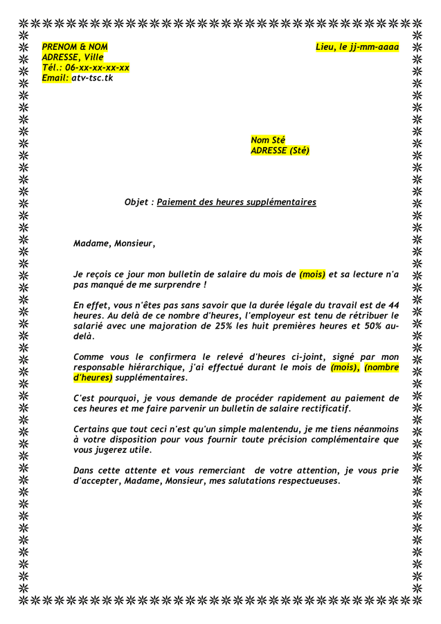 Demande De Paiement Des Heures Supplémentaires Modèle De Lettre