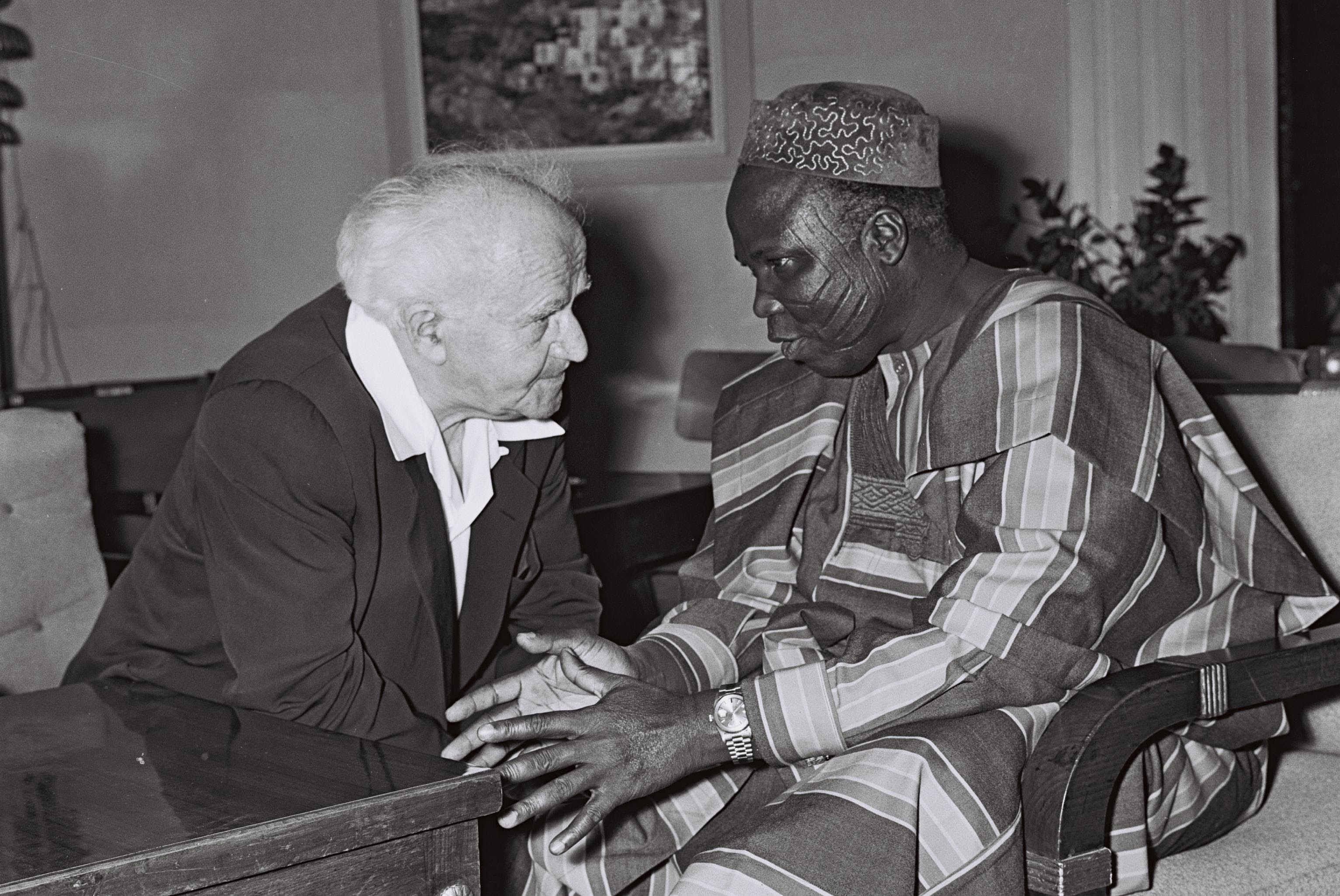 Chief S L Akintola Prime minister of western Nigeria in conversation with prime minister of Israel David Ben Gurion at Ben Gurion`s Office,Jerusalem. Circa 1961