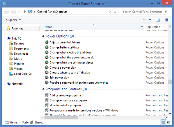 In Windows, create a new folder and name it "Control Panel Shortcuts.{ed7ba470-8e54-465e-825c-99712043e01c}". Access any control settings in the folder.