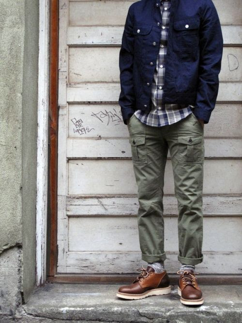 My Mens Fashion : Cargo pants, Plaid Shirt, Navy Workers Jacket. Men's ...