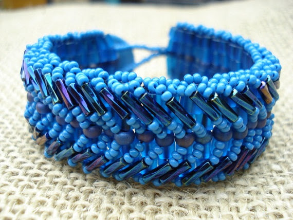 http://www.pinterest.com/pin/244883298459559975/ Slate Blue and Iris Beaded Cuff with Button by JuneMoonBeadJewelry, $35.00