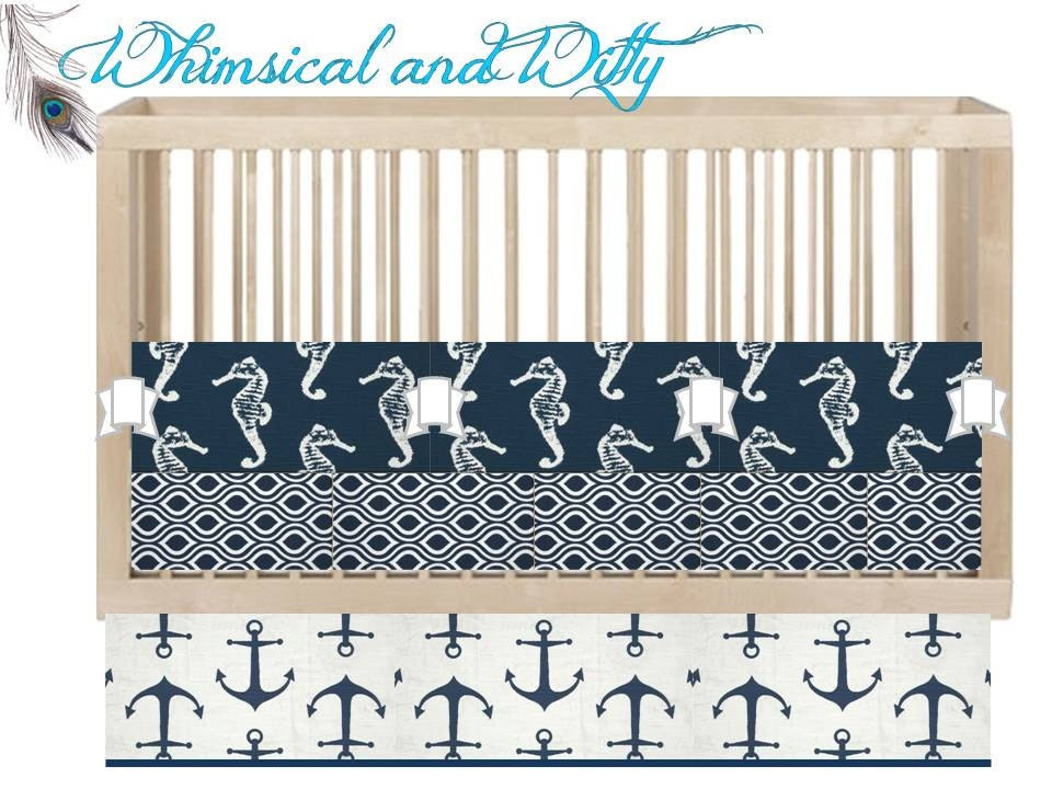 Custom Crib Bedding "Sail Away"- Navy Blue, Seahorses, Anchors - Made to Order - Customizable - Neutral Bedding - Bumper, Crib Skirt, Sheet - WHIMSICALandWITTY Custom Crib Bedding "Sail Away"- Navy Blue, Seahorses, Anchors - Made to Order - Customizable - Neutral Bedding - Bumper, Crib Skirt, Sheet - WHIMSICALandWITTY
