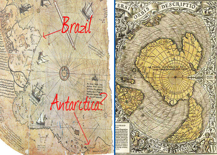 A la izquierda, parte de Piri Reis; a la derecha parte del mapa Oronteus Finaeus, mostrando ambos la región de la Antártida libre de hielo.