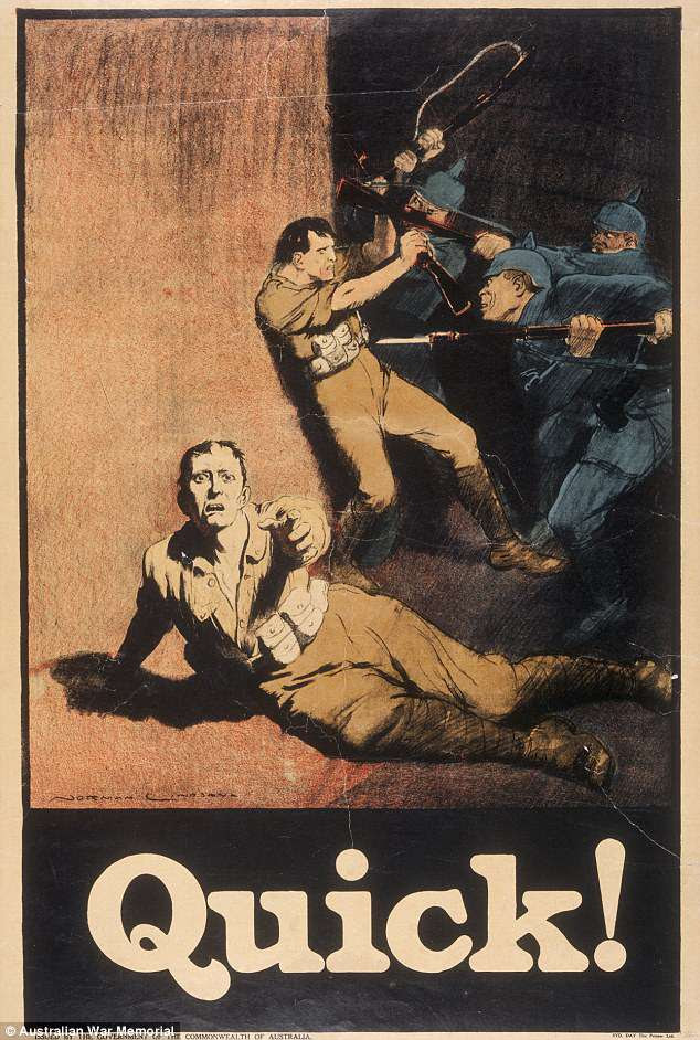 An Australian recruitment poster from World War I depicting two Australian soldiers being attacked by a larger German force, with one Digger on the ground appealing for help. This poster was drawn by Norman Lindsay, the creator of the children's book The Magic Pudding 