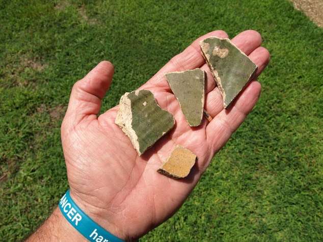 Clues about what happened to the Englishmen could lie in a waterfront tract. Pictured: An archaeologist holds pieces of pottery in an area being excavated in rural Bertie County, N.C.