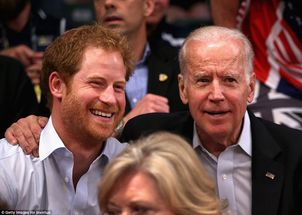 Vice President Joe Biden and Prince Harry appeared on good terms as Biden put his arm round the prince they watched USA Vs Denmark in the wheelchair rugby match