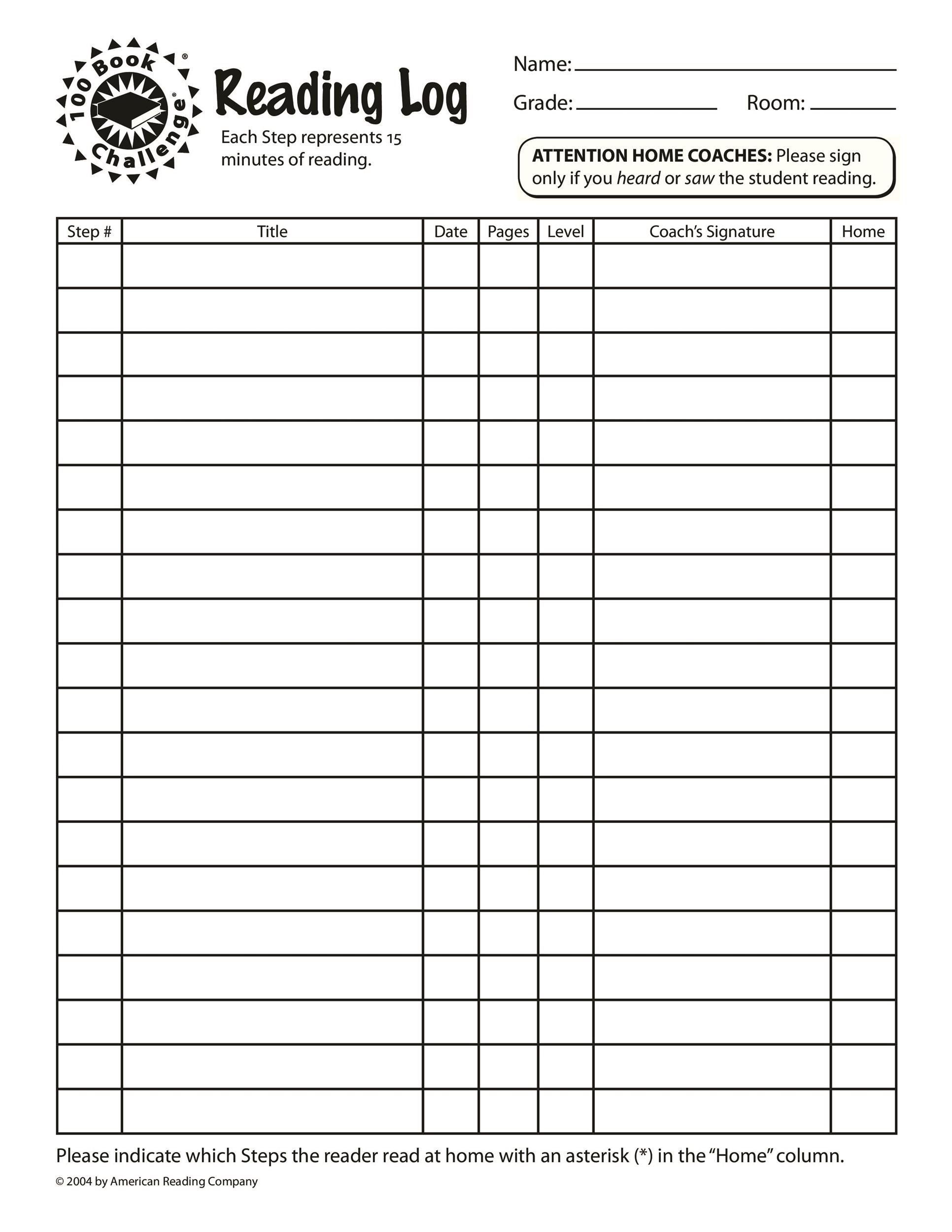 Printable Reading Log Form Printable Forms Free Online