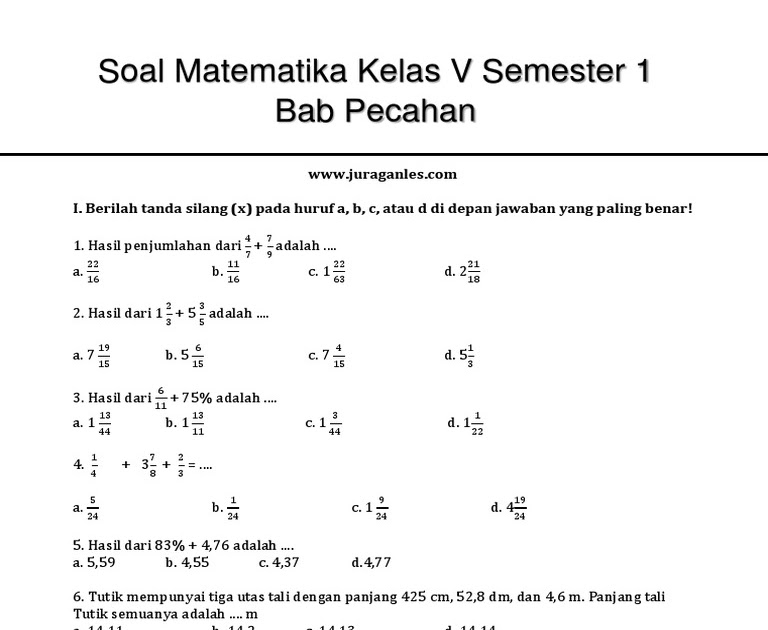 Contoh Latihan Soal Soal Matematika Kelas 5 Pecahan