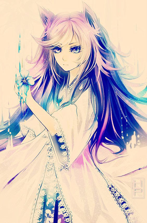Anime wolf girl with blue hair