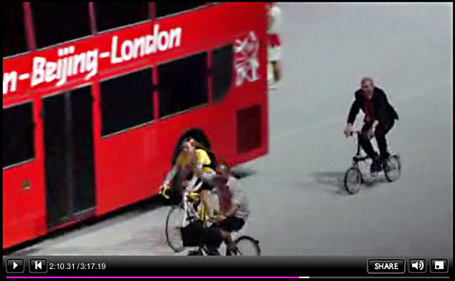 Chris Hoy on Brompton Bike - Olympic Handover Ceremony - BBC Screengrab