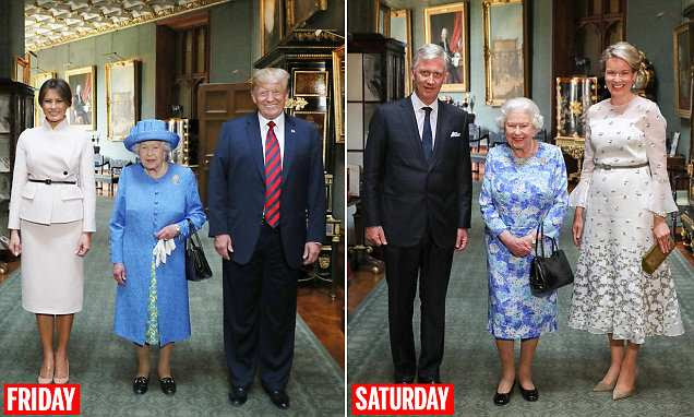 A rainha sorri com o rei e a rainha belga no castelo de Windsor