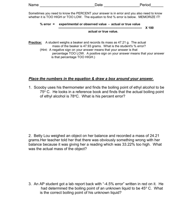 Percent Error Worksheet With Answers - Escolagersonalvesgui