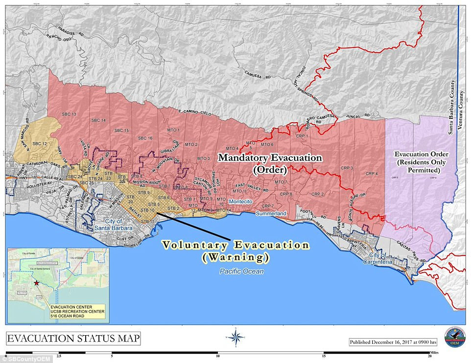 The above map shows the current evacuation zones as part of the Thomas Fire in southern California as of Monday