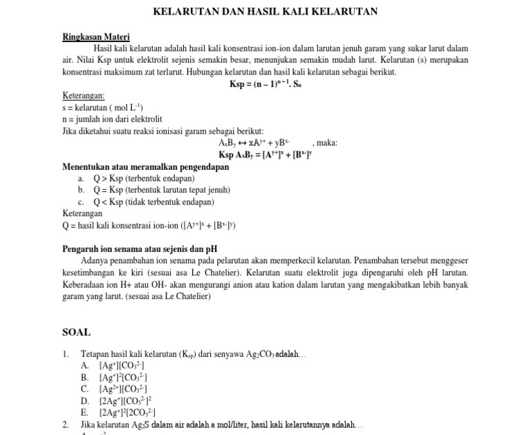 Soal Kelarutan Dan Hasil Kali Kelarutan Usbn Pejuang Soal