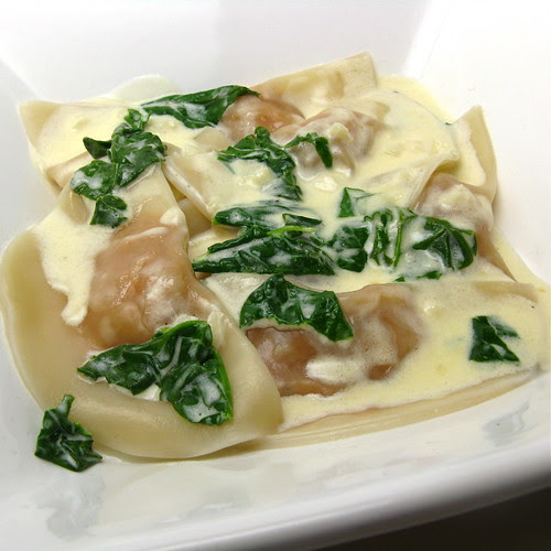 Sweet Potato Ravioli with Spinach in Cream Sauce