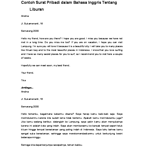 Contoh Surat Pribadi Untuk Teman Dalam Bahasa Inggris - Bagi Contoh Surat