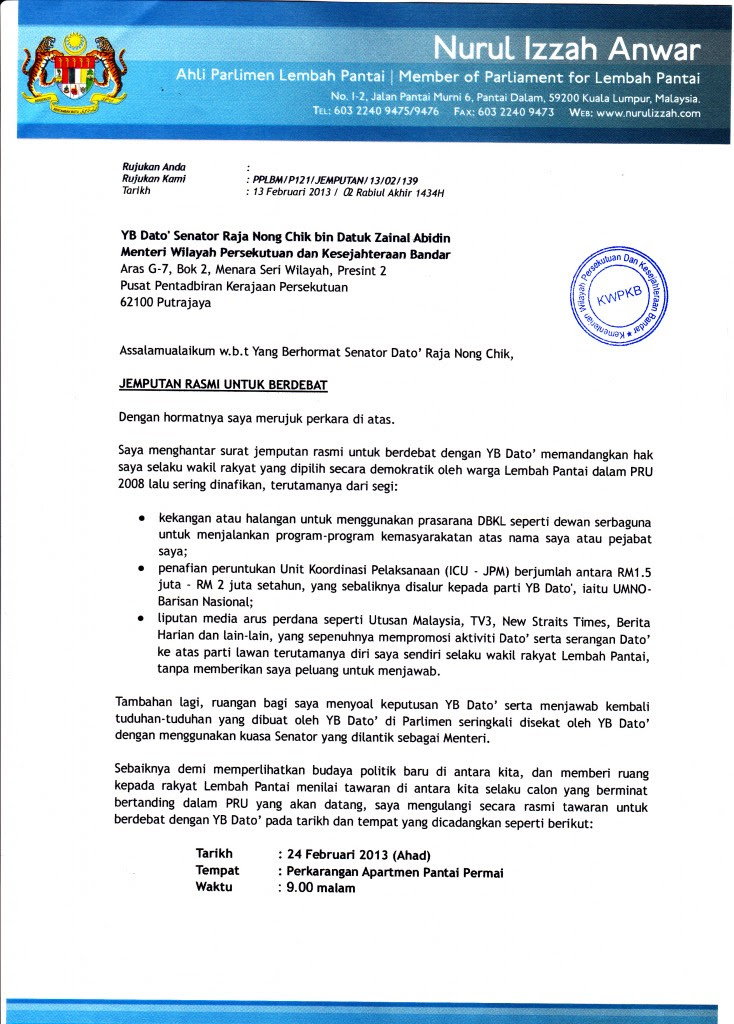 Surat Rasmi Kepada Yb Menteri  Rasmi My