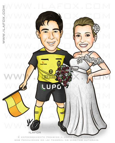 Caricatura casal, noivo bandeirinha, noiva grávida, caricatura para casamentos by ila fox