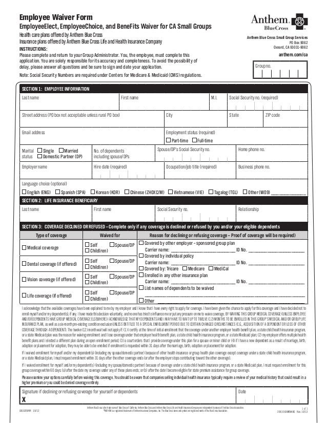 Anthem Blue Cross Small Group Health Insurance Waiver Form