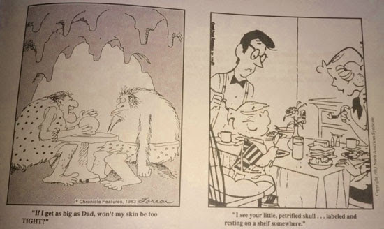 Far Side - Dennis the Menace swap | 'If I get as big as Dad won‘t my skin be too TIGHT?' | 'I see your little, petrified skull … naked and resting on a shelf somewhere' | Tacky Harper's Cryptic Clues