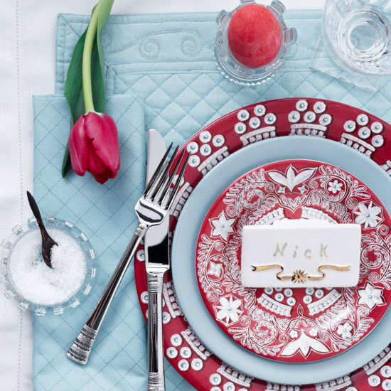 Red-and-blue Easter table setting