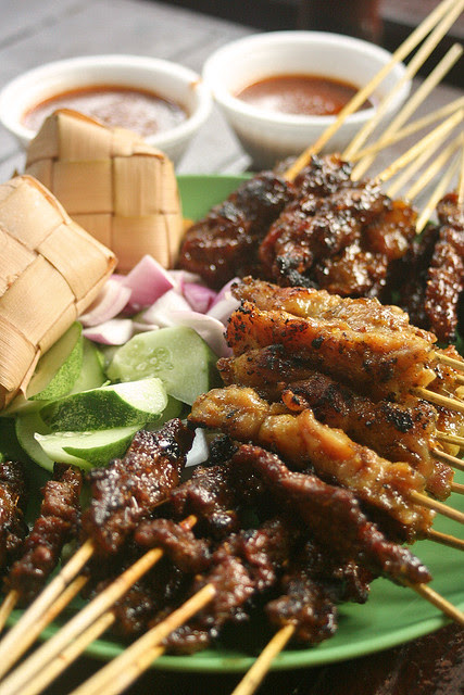 Beef, Chicken and Mutton Satay with Ketupat