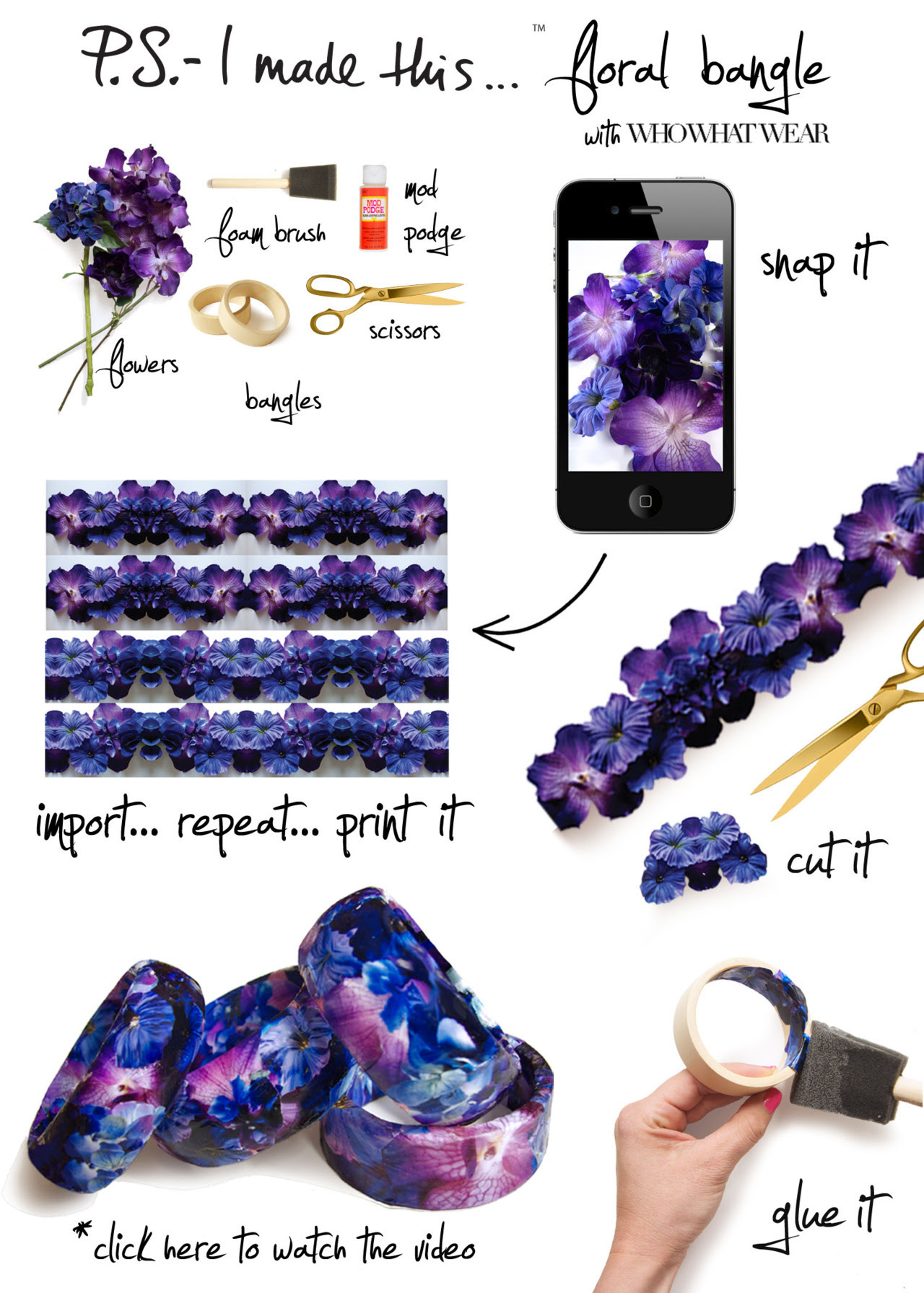 This Spring designer’s collections were booming with blooms of colorfully layered prints, and none of them wowed us more than Prabal Gurung …the king of injecting a dose of tech-style in his textiles. To get in touch with our own flower power, we teamed up with our friends at Who What Wear to create an accessory that pays homage with decoupage…and brings together a few of a style savvy girl’s favorite things - DIY, fashion, technology, and flowers!
To create, you will need wooden or plastic bangles, as your blank canvas. Gather real or faux flowers in a color scheme of your choice. Group and arrange the flowers in a pattern and snap a picture with your phone or camera. Send to print, as is, or upload to photoshop and duplicate to create a repeat pattern. Once printed, cut out strips or small pieces which you will use to cover the inside and outside of your bangle. Using Mod Podge, cover the inside of the bangle by “painting” the back of the paper and securing to the wood or plastic. Continue all the way around, wrapping the edges of the cut outs, to cover the edge of the bangle. Continue on the outside and then add a final layer of Mod Podge once the bangle is completely covered in the flower print.
Click here to check out the step by step video with Hillary & Katherine of Who What Wear!